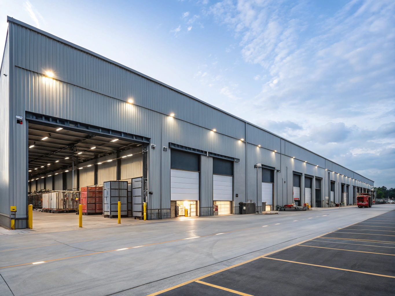 Commercial post frame building with office and warehouse bays